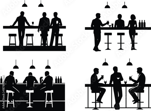 Social people drinking at bar counter silhouettes set with friends talking, holding glasses, and sitting on stools in a pub.