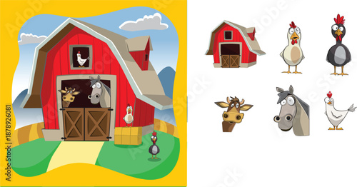 Cartoon farm animals in front of a red barn on a rural hill.