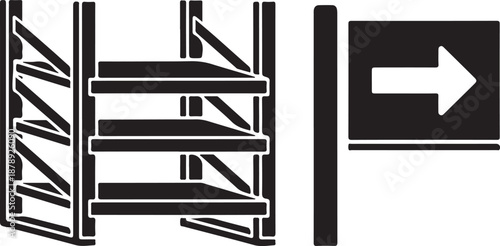 Black and white of shelving unit with directional sign shelves storage