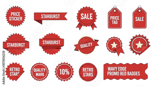 Collection of red promotional badges and stickers for sales and discounts on a white background from a straightforward view