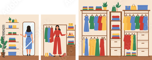 Women Wardrobe Organization Illustration with Closet Storage, Clothing Selection, Fashion Dressing Room, and Home Interior Lifestyle Scene in Flat Vector Style