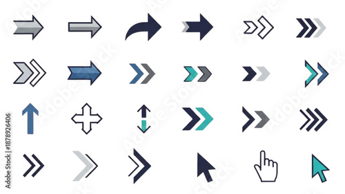Collection of various arrow and cursor icons in different shades displayed on a clean background from a straightforward view