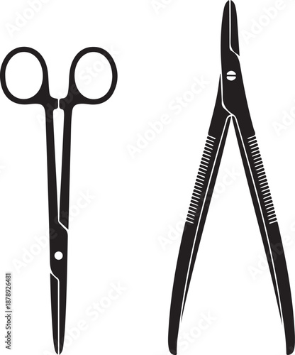 Black and white of surgical scissors and forceps medical instruments healthcare