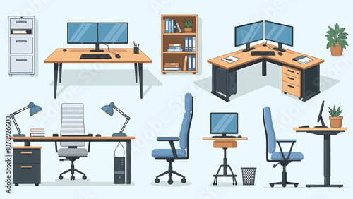 Office furniture and equipment in a modern workspace setting with desks, chairs, and computers