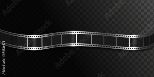Shiny curved silver filmstrip tape on dark transparent background. Perspective film strip. Movie film ribbon. Vector illustration