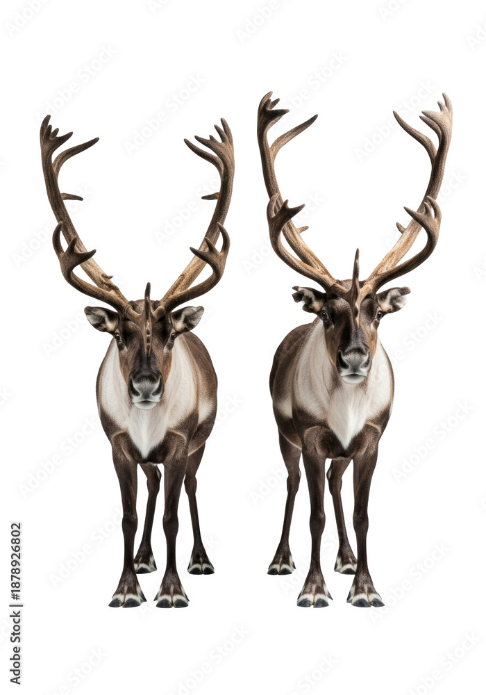 Fototapeta premium Two powerful male caribou, detailed velvet antlers and textured winter fur, standing in a clinical high-key studio against a transparent backdrop, alert gaze. Concept of professional wildlife