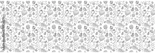 Obraz na plátně Hand-Drawn Seamless Food Pattern on Black Background - 1