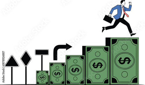 Businessman Climbing Money Steps Vector Illustration  Career Growth Concept