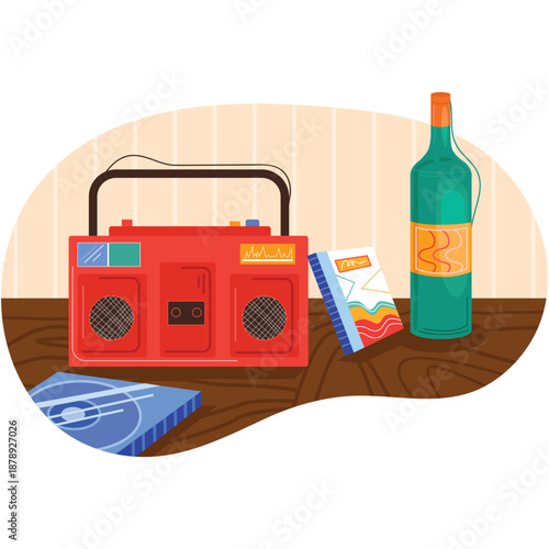 Radio tape recorder, wine bottle for dance party