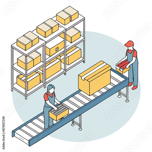 Warehouse workers operating conveyor belt