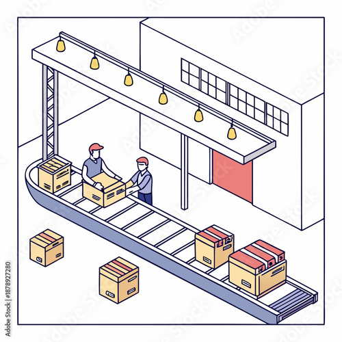 Warehouse workers operating a conveyor belt