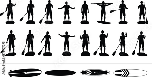 Silhouette collection of paddleboarders with paddles and various board designs representing water sports, recreation, fitness, and outdoor adventure lifestyle