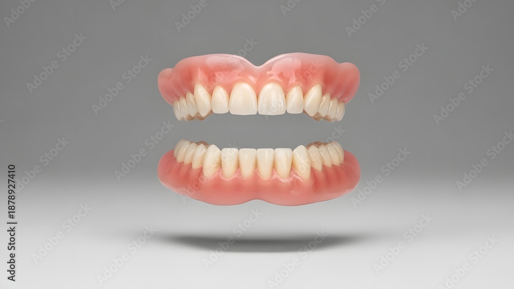 Fototapeta premium Floating Complete Dentures on Gray Studio Background