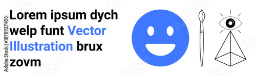 Graphic design, creativity, visual art, emotions, artistic elements, symbolism. Blue happy face, paintbrush pyramid with eye. Graphic design and creativity focus