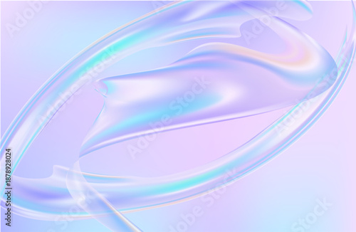3D render of an abstract nature landscape featuring a transparent glossy glass ribbon floating on water. Holographic curved wave in dynamic motion with iridescent gradient reflections. Modern minimal 