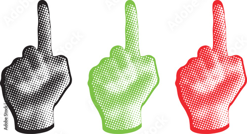 Three hands with middle fingers raised in gesture, symbolizing protest or defiance, illustrated in a graphic style with dotted patterns.