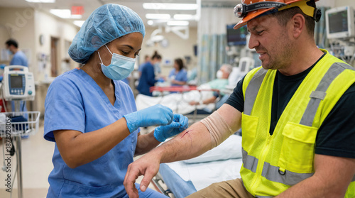 Nurse stitches injured construction worker's arm in busy hospital emergency room