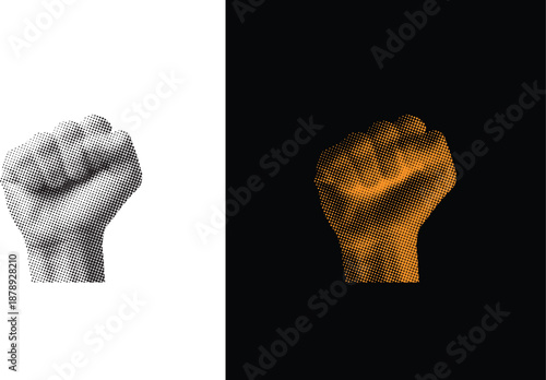 Raised fists symbolizing unity and solidarity in a striking black and orange contrast, depicting a powerful gesture of protest and defiance in a monochrome and colored image.