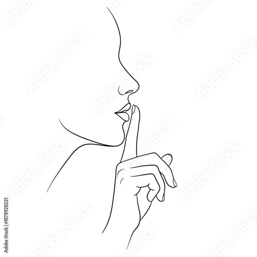 Shh Silence Gesture Line Art - Minimalist Woman Face with Finger on Lips for Quiet, Secret, and Privacy Concept Illustration