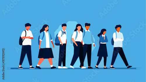 Diverse group of students walking together in school uniforms