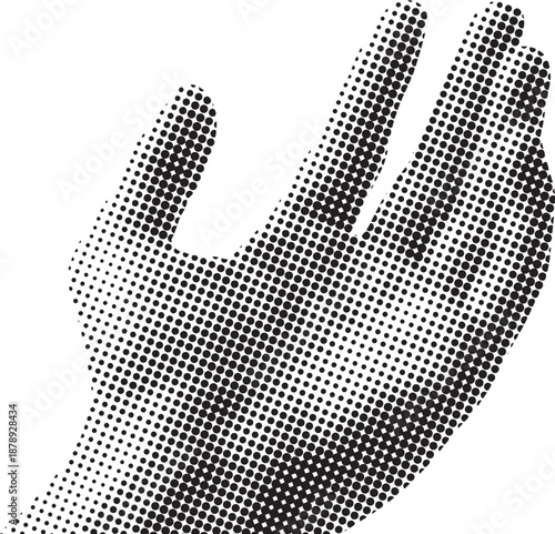A hand gesture illustration with fingers extended and palm facing forward in a halftone pattern viewed from the front