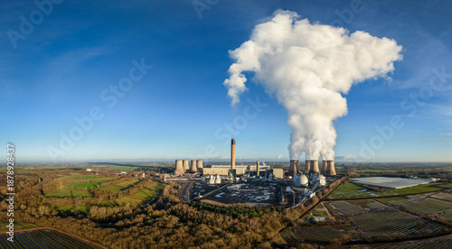 Aerial landscape panorama of Drax Power Station in North Yorkshire, UK at sunset