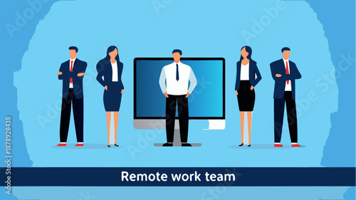 Remote work team collaborating with computer in modern office