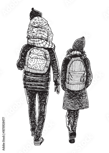 Young family with little child walking outdoors together in jackets and hats, back view, hand drawn vector illustration isolated on white