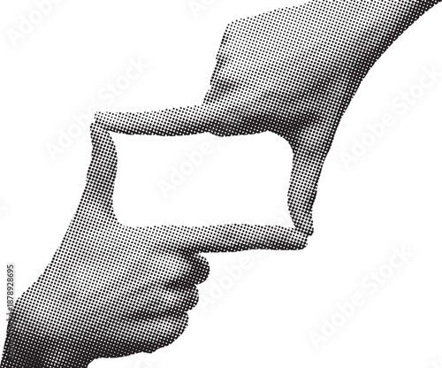 Hands framing a rectangular shape with fingers, creating a border around empty space in a monochrome image from a straight-on viewpoint.