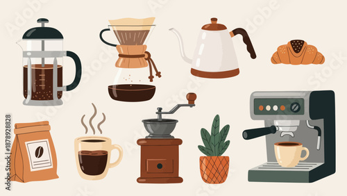 A delightful collection of coffee making essentials and breakfast treats.