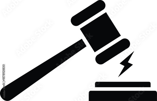 Large black judge gavel silhouette with a lightning bolt strike symbol isolated on a white background for law.