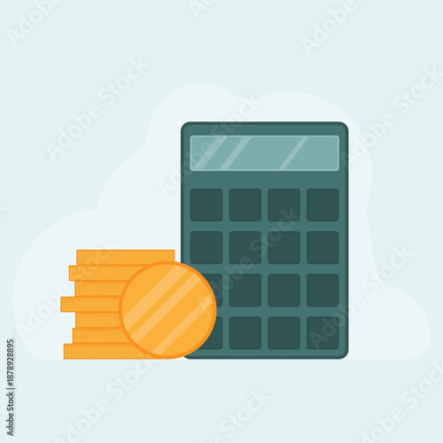 Finance and savings concept illustration. Calculator with stack of gold coins flat vector. Minimalist graphic for financial planning websites, accounting software interfaces, tax preparation blogs