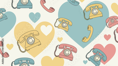 Seamless pattern of retro rotary telephones and pastel hearts.