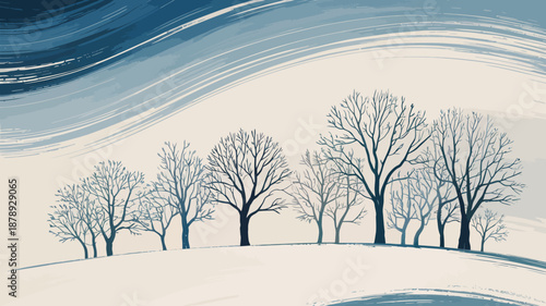 This artistic representation features a row of trees against a wash of blue brushstrokes, encapsulating the essence of winter or transition with an abstract yet emotive appeal.