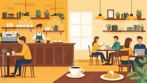 A coffee shop interior with customers and a barista.