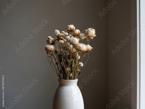 Dried flowers in a ceramic vase on a neutral background  
