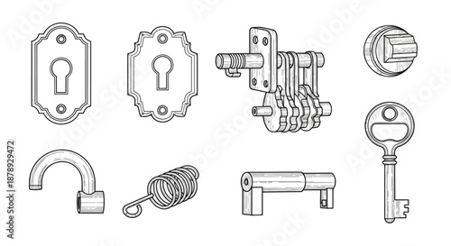Collection of vintage lock and key components