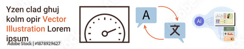 Language learning, AI technology, data visualization, digital tools, communication, automation. Icons of meter, language translation and diagrams. Language learning and AI technology