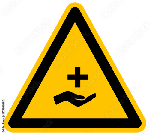 Señal de advertencia de asistencia médica con mano y cruz símbolo de ayuda vector