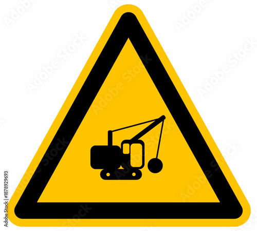 Señal de advertencia de obras con grúa de demolición y bola de acero vector