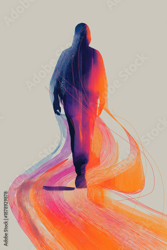 Artistic Silhouette Of Person Walking Away With Vibrant Flowing Colorful Light Stream Trails