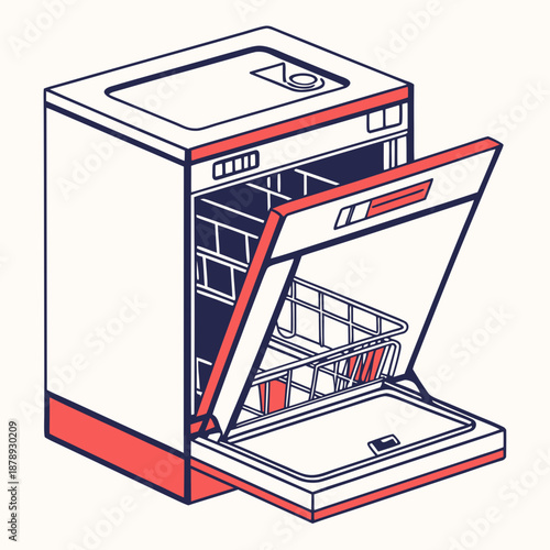 Illustrated open dishwasher