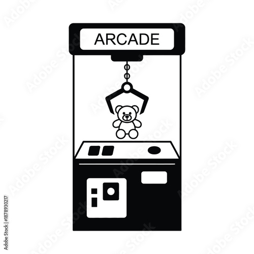 Arcade claw machine with a teddy bear inside, vector illustration