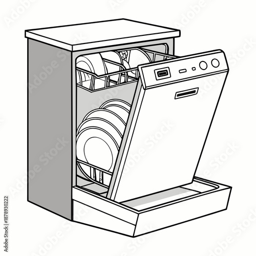 Open dishwasher with clean dishes
