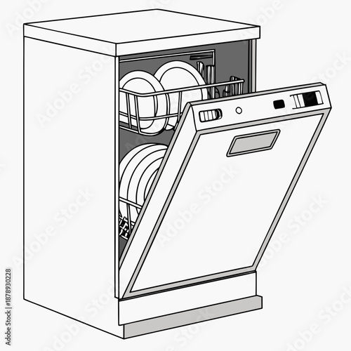 Modern dishwasher with open door