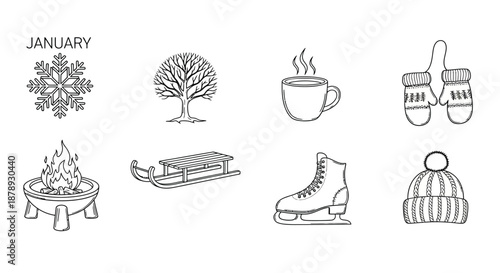 Winter activities and symbols of january