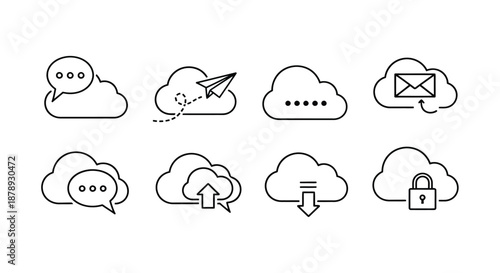 Cloud icons representing data transfer and security