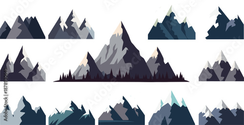 Mountain Landscape Illustration Set with Snowy Peaks, Rocky Hills, and Alpine Nature Silhouettes for Outdoor Adventure, Travel, and Scenic Background Design