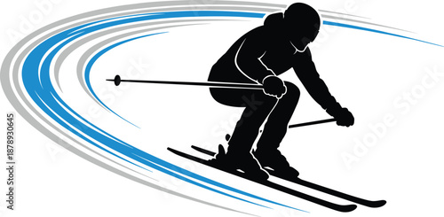 Skier silhouette in dynamic motion with speed lines, winter sports action illustration, alpine skiing concept background for competition, adventure and outdoor recreation design