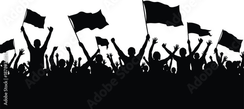Crowd protest silhouette with raised hands and flags, people demonstration rally concept, freedom movement illustration background for politics, activism and social change